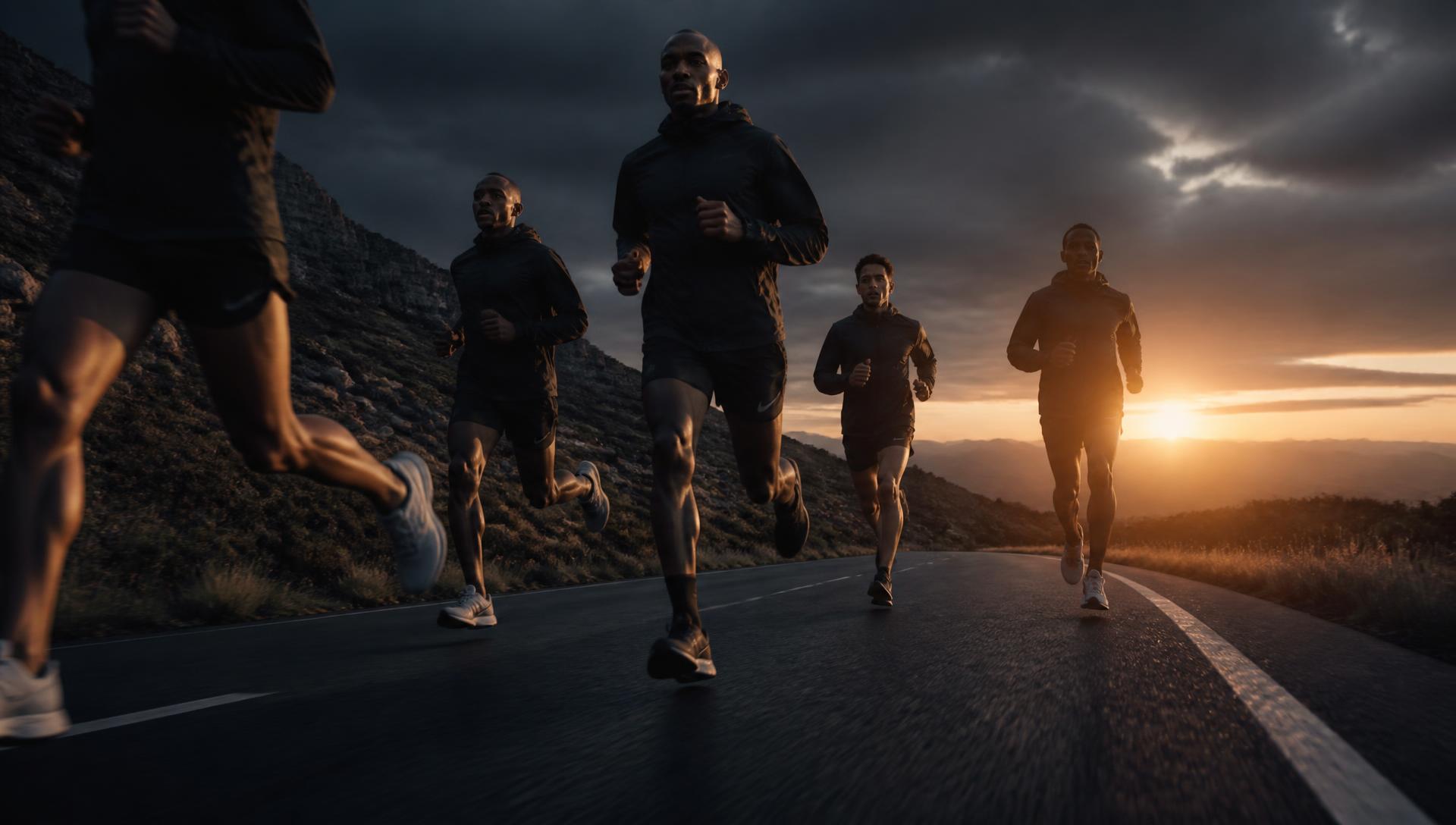 Corredores treinando em estrada ao amanhecer